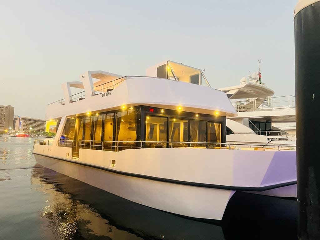 Premium dinner cruise on the Dubai Water Canal with skyline views at night