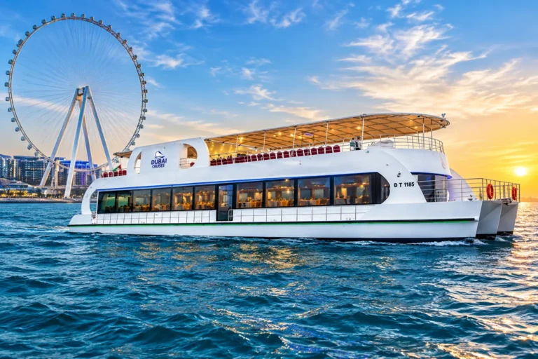Luxury yacht with a covered upper deck in Dubai Marina