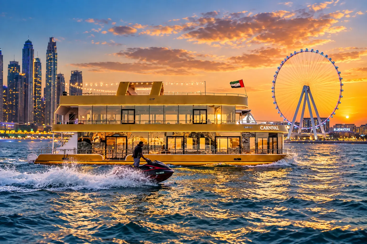 Dubai Marina dinner cruise vessel on the water near Ain Dubai and the Marina skyline