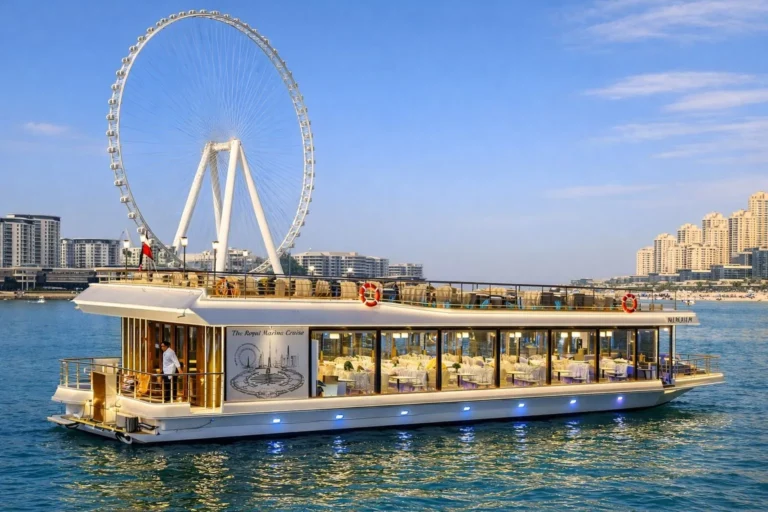 Modern cruise vessel with a glass dining deck on the water near Ain Dubai