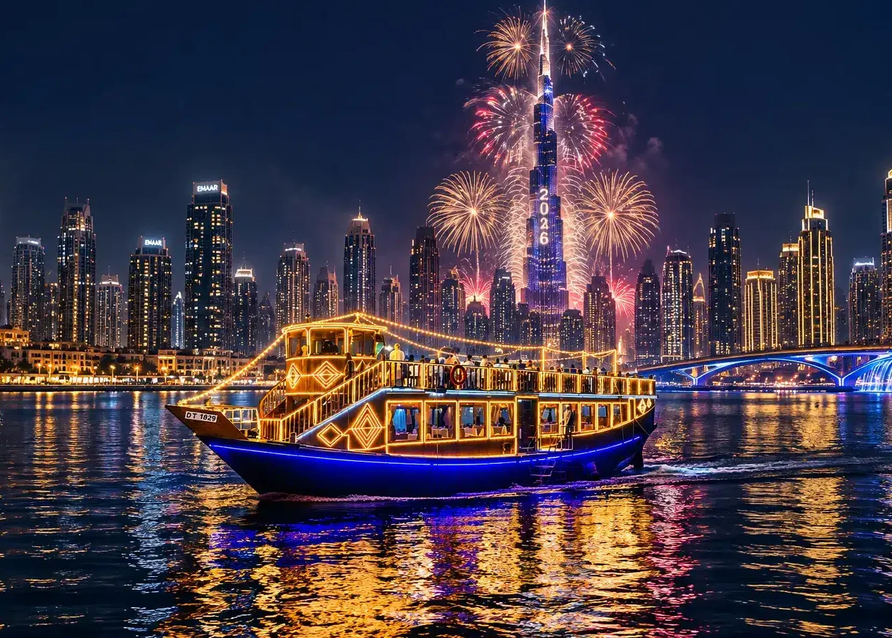 New Year's Eve dinner cruise Dubai with Burj Khalifa fireworks