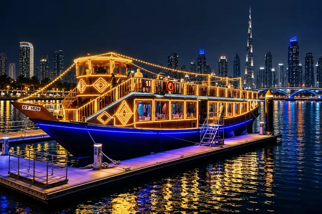 Dhow cruise on Dubai Water Canal at night with Burj Khalifa view from Al Jaddaf