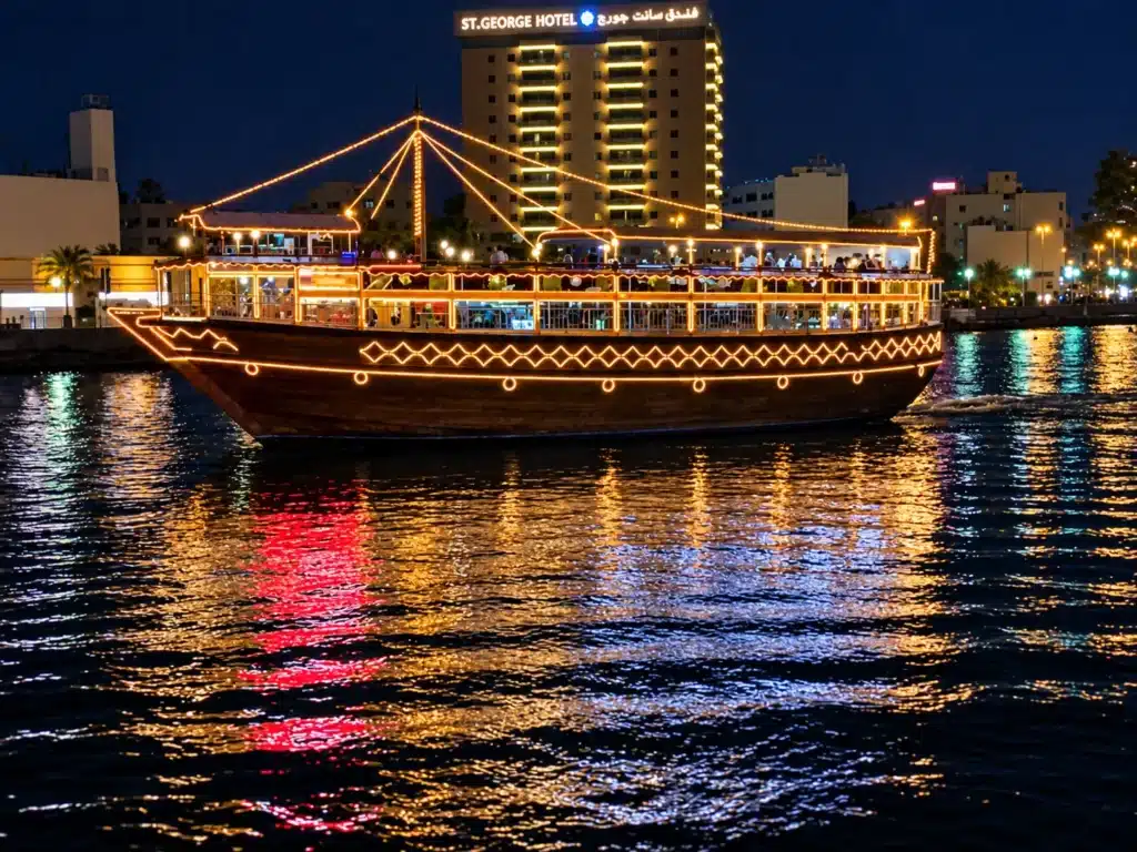 Dhow cruise Dubai Creek Al Seef at night – Gold Souk, Spice Souk, historic Old Dubai