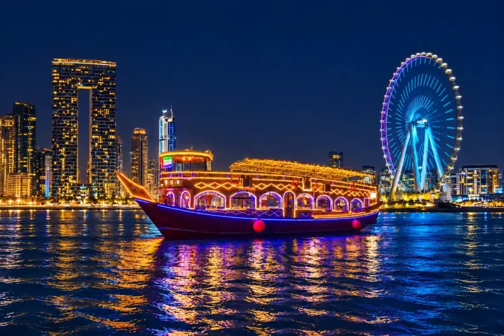 Dhow cruise Dubai Marina at night – Ain Dubai, JBR, Bluewaters Island view