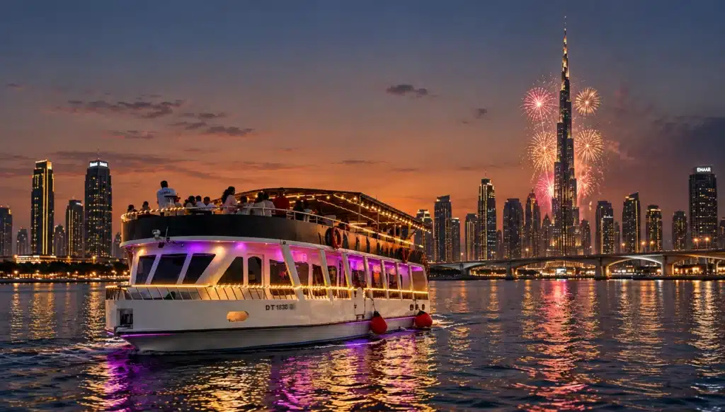 New Year’s Eve dhow cruise in Dubai with fireworks over the skyline