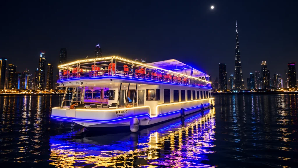 Dhow cruise on Dubai Water Canal at night with Burj Khalifa view from Al Jaddaf